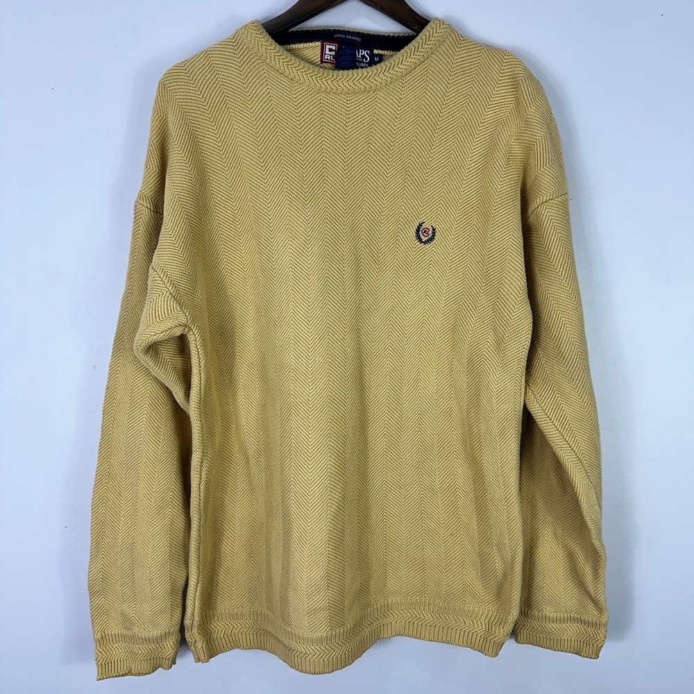 Chaps Ralph Lauren Sweater M Yellow Cotton Herringbone Preppy Old Money Academia